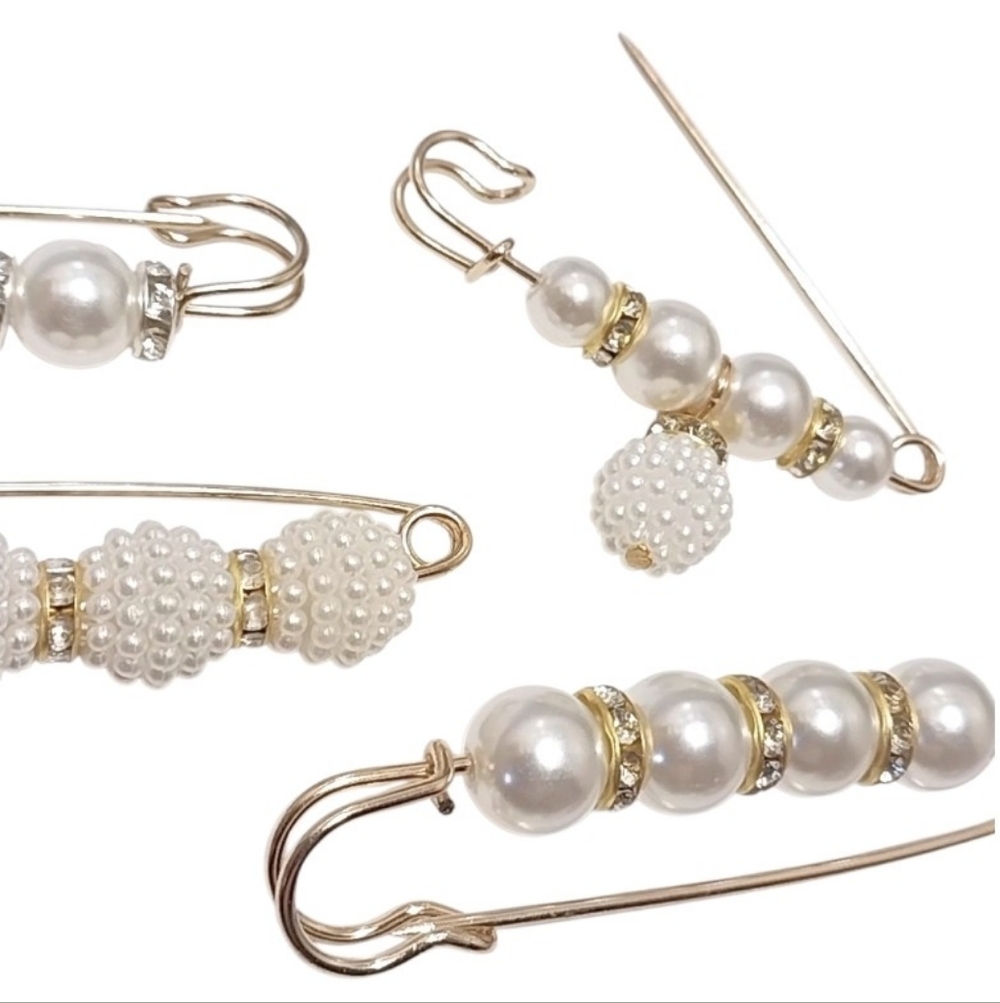 Pearl and Rhinestone Safety Pin Brooch Set - White Pearls